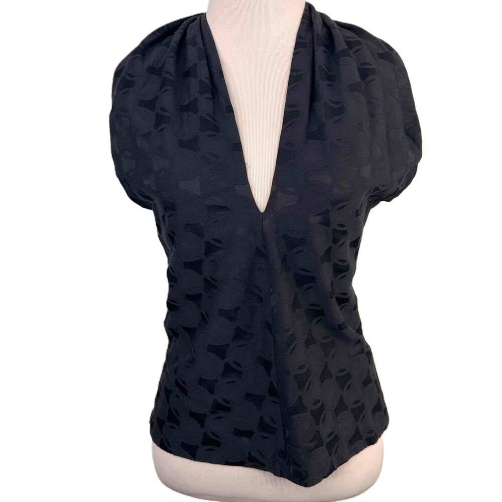 Chaiken Dark Navy Short Puff Sleeves Patterned Casino Wrap Halter Top Size 6